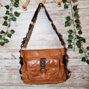 Tasche Burnt Orange Leather Shoulder Bag Purse Brown Handle Stripe Interior